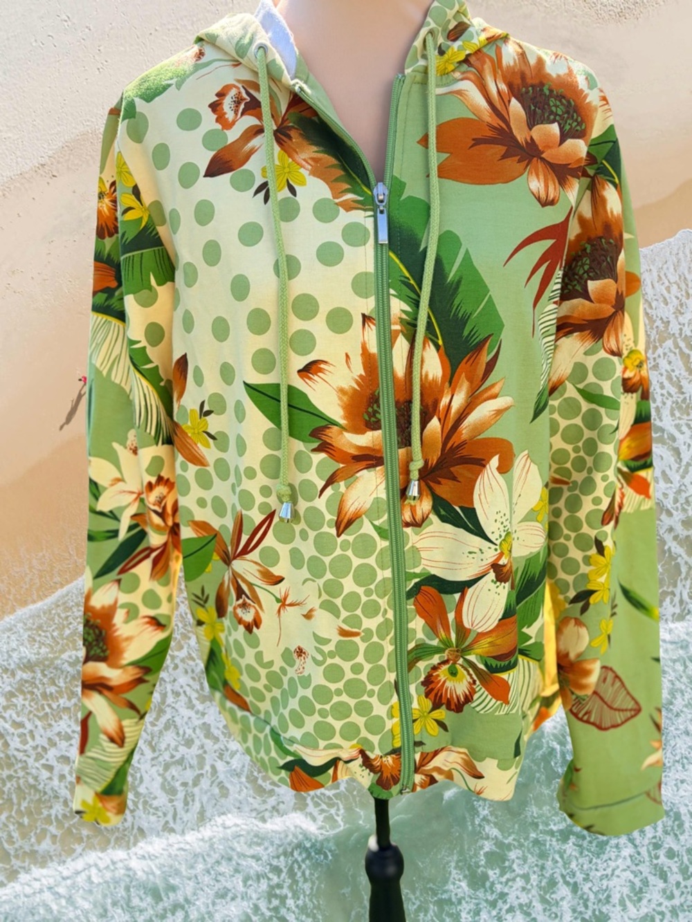 KAKTUS Floral Zip-Up XL Hooded Sweatshirt Lightweight Green Orange Womens tropic